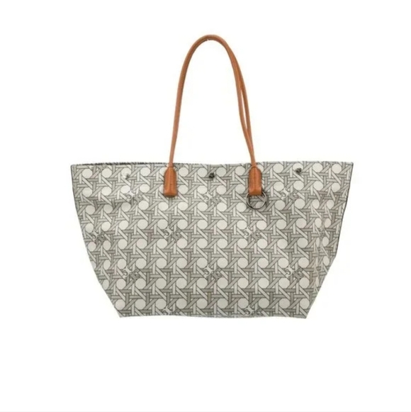 NWT Tory Burch Canvas Basketweave Tote Bag Ivory With Dust Bag - Picture 4 of 7